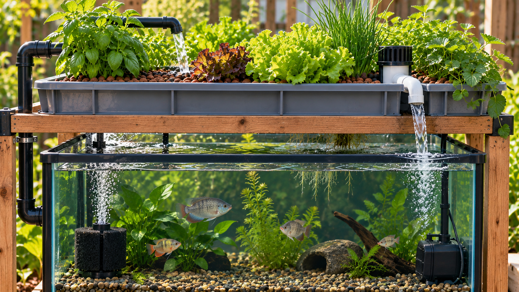 Small home aquaponics system with fish tank, aquatic plants, media grow bed, pump, aeration and water circulation