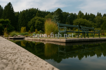 Fish pond edge with vegetation and stream