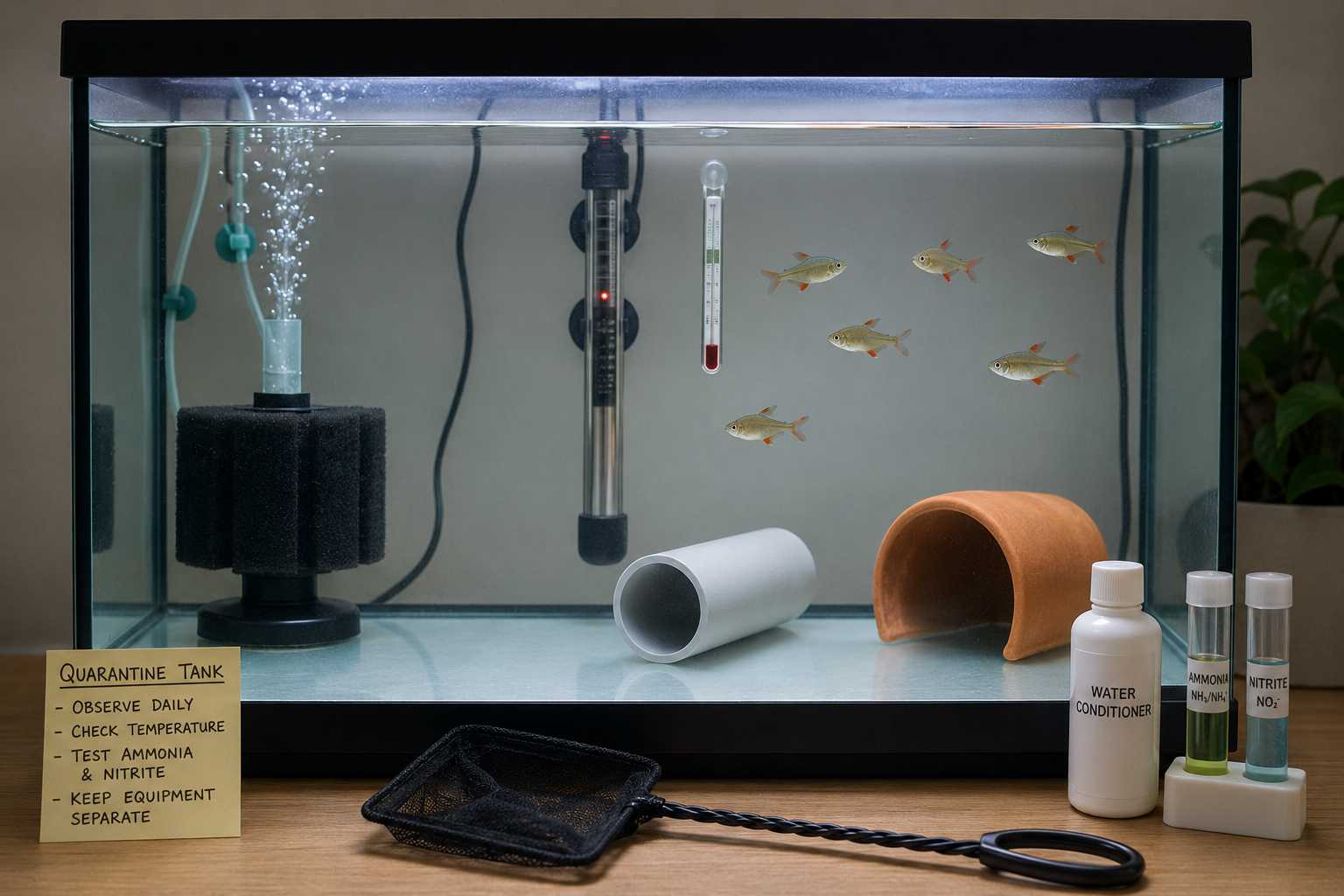 Freshwater quarantine tank with bare bottom, mature sponge filter, heater, thermometer and simple shelters