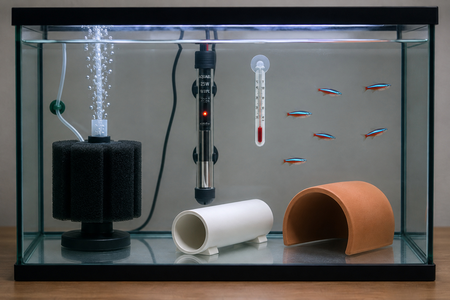 Bare-bottom freshwater quarantine tank with mature sponge filter, heater, thermometer and simple shelters