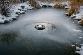 Winter pond with a deicer keeping part of the surface ice-free